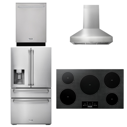 THOR Kitchen Package - 36" Induction Cooktop, Range Hood, Refrigerator with Water and Ice Dispenser, Dishwasher, AP-TIH36-W-7