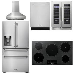 THOR Kitchen Package - 36" Induction Cooktop, Range Hood, Refrigerator with Water and Ice Dispenser, Dishwasher, Wine Cooler, AP-TIH36-W-8