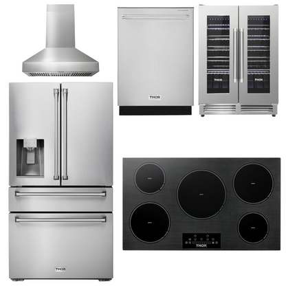 THOR Kitchen Package - 36" Induction Cooktop, Range Hood, Refrigerator with Water and Ice Dispenser, Dishwasher, Wine Cooler, AP-TIH36-W-8