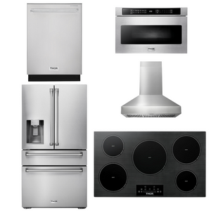 THOR Kitchen Package - 36" Induction Cooktop, Range Hood, Microwave, Refrigerator with Water and Ice Dispenser, Dishwasher, AP-TIH36-W-9