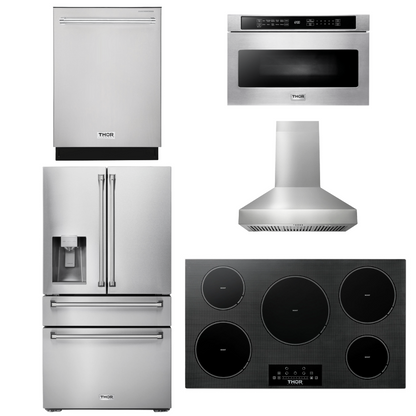 THOR Kitchen Package - 36" Induction Cooktop, Range Hood, Microwave, Refrigerator with Water and Ice Dispenser, Dishwasher, AP-TIH36-W-9