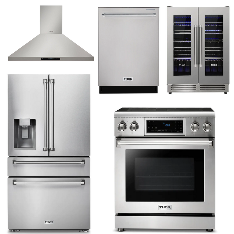 Thor Kitchen Package - 30" Electric Range, Range Hood, Refrigerator with Water and Ice Dispenser, Dishwasher, Wine Cooler, AP-TRE3001-11