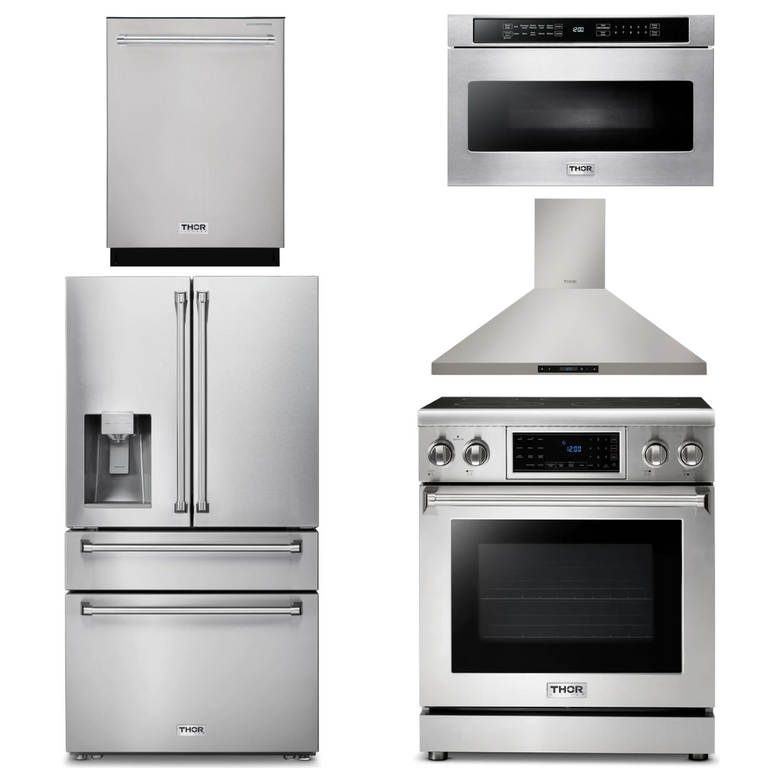 Thor Kitchen Appliance Package - 30 In. Electric Range, Range Hood, Microwave Drawer, Refrigerator with Water and Ice Dispenser, Dishwasher, AP-TRE3001-13