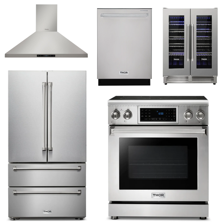 Thor Kitchen Appliance Package - 30 In. Electric Range, Range Hood, Refrigerator, Dishwasher, Wine Cooler, AP-TRE3001-4