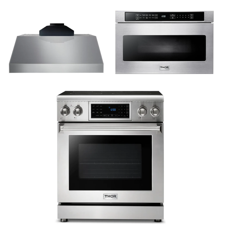 Thor Kitchen Appliance Package - 30 In. Electric Range, Range Hood, Microwave Drawer, AP-TRE3001-C-4