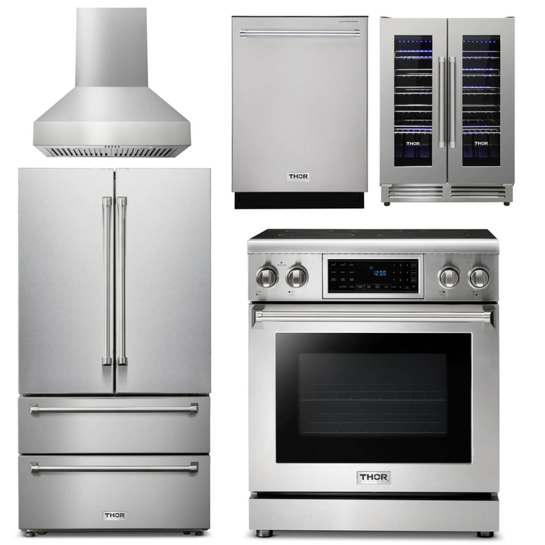 Thor Kitchen Package - 30" Electric Range, Range Hood, Refrigerator, Dishwasher, Wine Cooler, AP-TRE3001-W-3