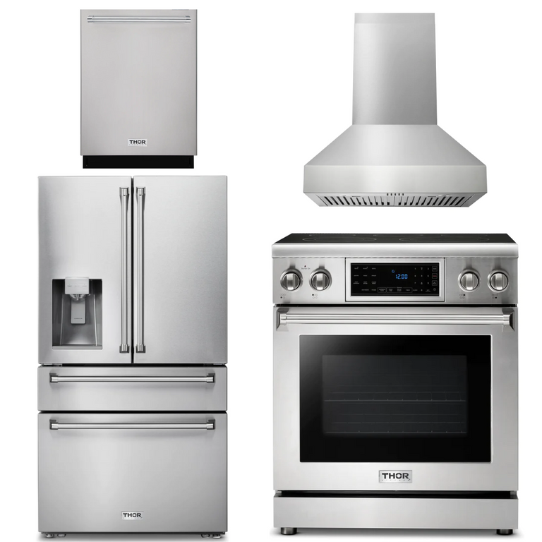 Thor Kitchen Package - 30" Electric Range, Range Hood, Refrigerator with Water and Ice Dispenser, Dishwasher, AP-TRE3001-W-7