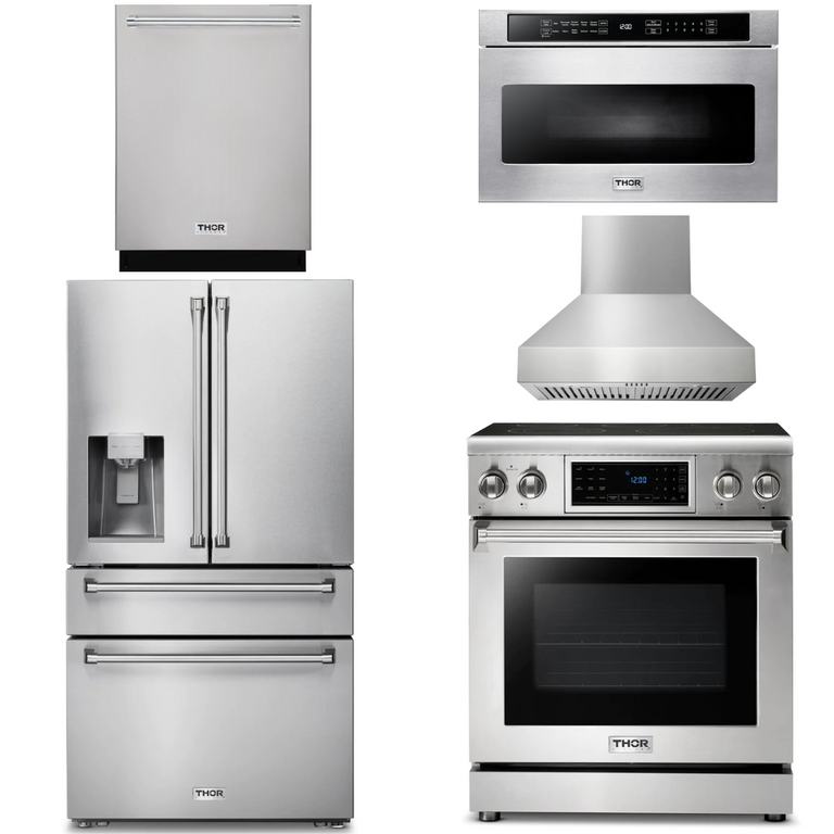 Thor Kitchen Appliance Package - 30 In. Electric Range, Range Hood, Microwave Drawer, Refrigerator with Water and Ice Dispenser, Dishwasher, AP-TRE3001-W-9