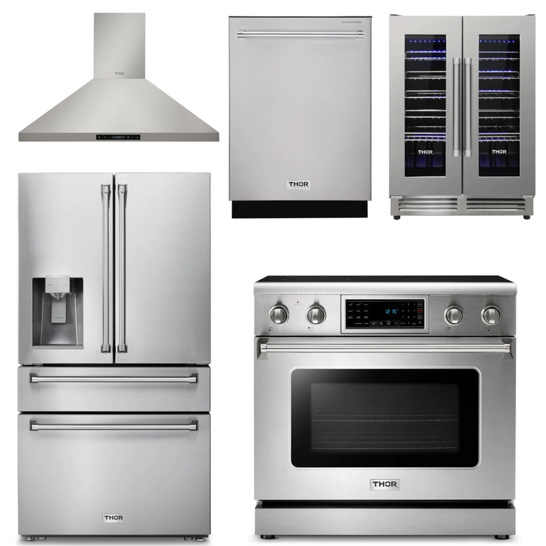 Thor Kitchen Appliance Package - 36 In. Electric Range, Range Hood, Refrigerator with Water and Ice Dispenser, Dishwasher, Wine Cooler, AP-TRE3601-11