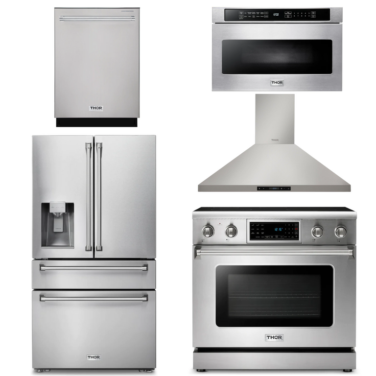 Thor Kitchen Appliance Package - 36 In. Electric Range, Range Hood, Microwave Drawer, Refrigerator with Water and Ice Dispenser, Dishwasher, AP-TRE3601-13