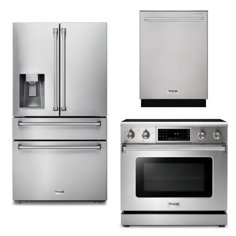 Thor Kitchen Package - 36" Electric Range, Refrigerator with Water and Ice Dispenser, Dishwasher, AP-TRE3601-9