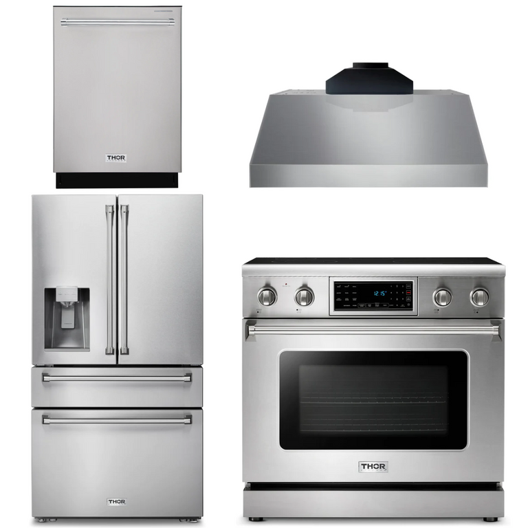 Thor Kitchen Appliance Package - 36 In. Electric Range, Range Hood, Refrigerator with Water and Ice Dispenser, Dishwasher, AP-TRE3601-C-7