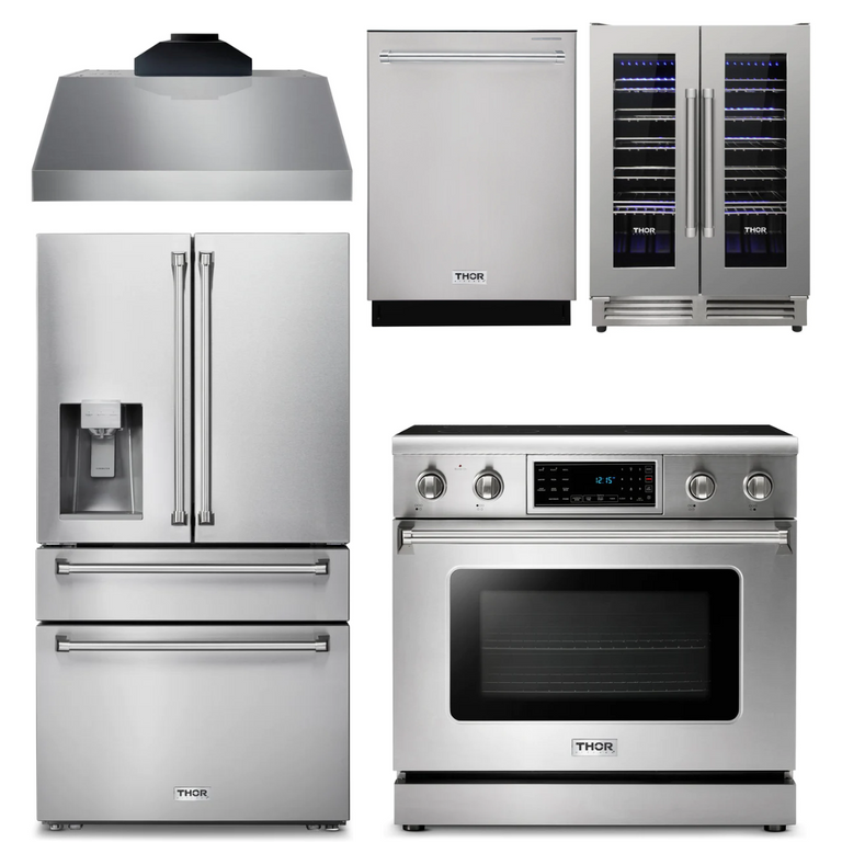 Thor Kitchen Package - 36" Electric Range, Range Hood, Refrigerator with Water and Ice Dispenser, Dishwasher, Wine Cooler, AP-TRE3601-C-8