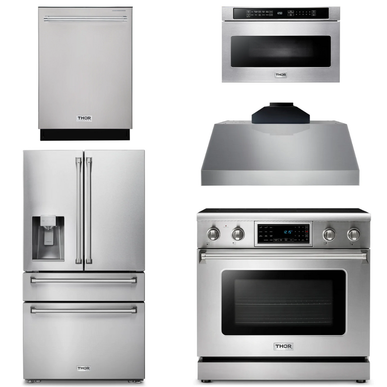 Thor Kitchen Appliance Package - 36 In. Electric Range, Range Hood, Microwave Drawer, Refrigerator with Water and Ice Dispenser, Dishwasher, AP-TRE3601-C-9