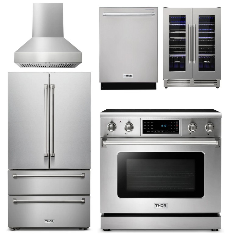 Thor Kitchen Appliance Package - 36 In. Electric Range, Range Hood, Refrigerator, Dishwasher, Wine Cooler, AP-TRE3601-W-3