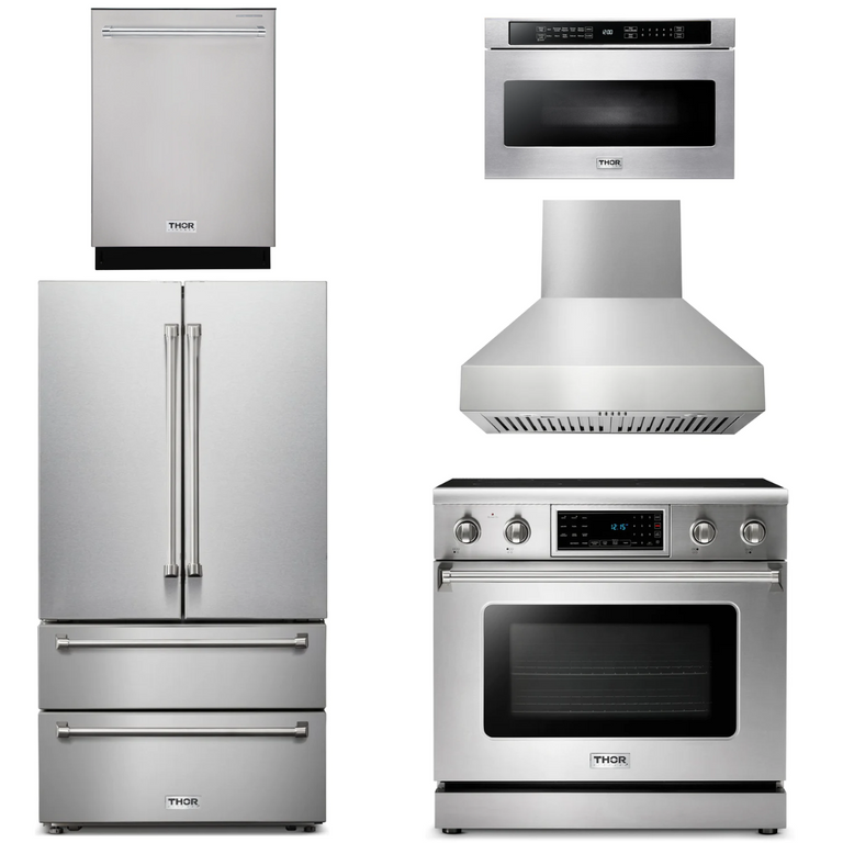 Thor Kitchen Appliance Package - 36 In. Electric Range, Range Hood, Microwave Drawer, Refrigerator, Dishwasher,AP-TRE3601-W-5