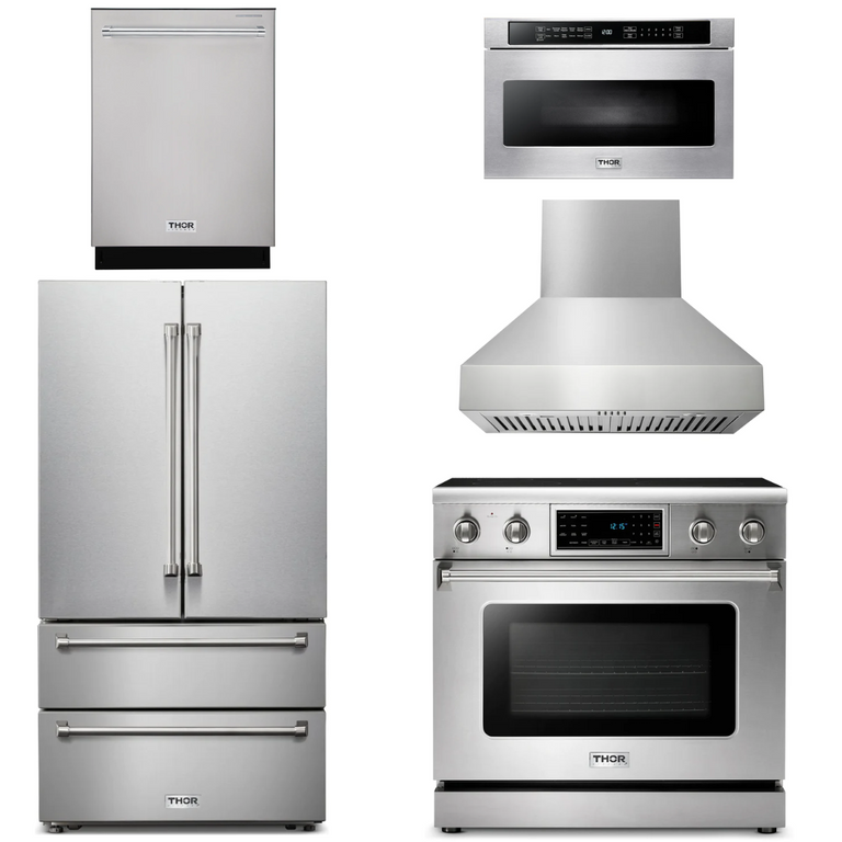 Thor Kitchen Package - 36" Electric Range, Range Hood, Microwave, Refrigerator, Dishwasher,AP-TRE3601-W-5