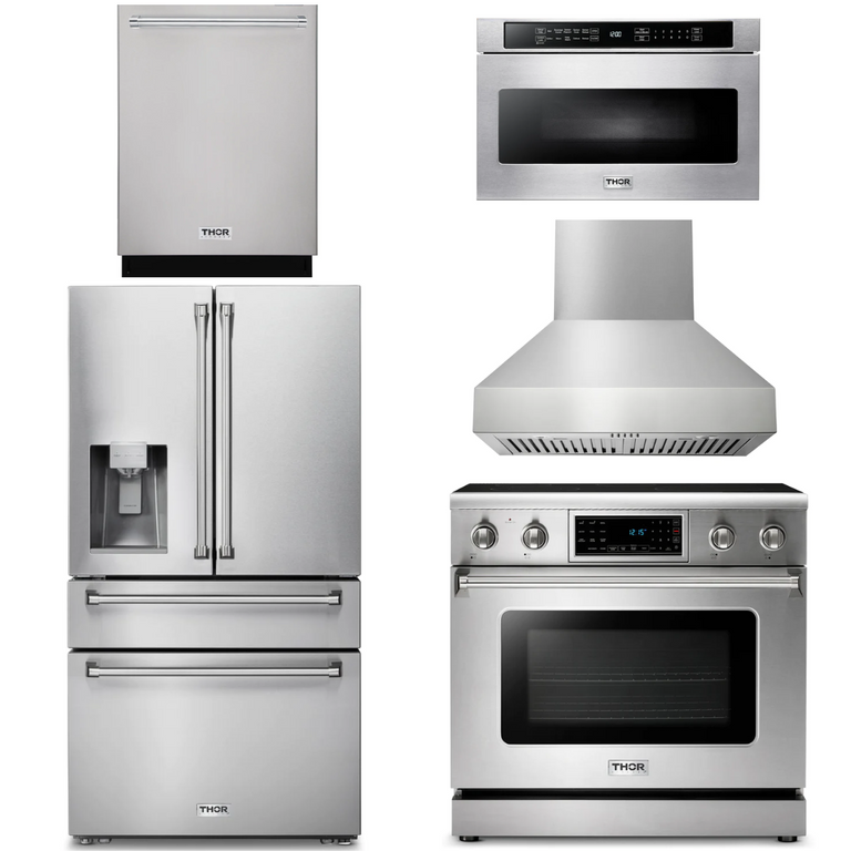 Thor Kitchen Appliance Package - 36 In. Electric Range, Range Hood, Microwave Drawer, Refrigerator with Water and Ice Dispenser, Dishwasher, AP-TRE3601-W-9