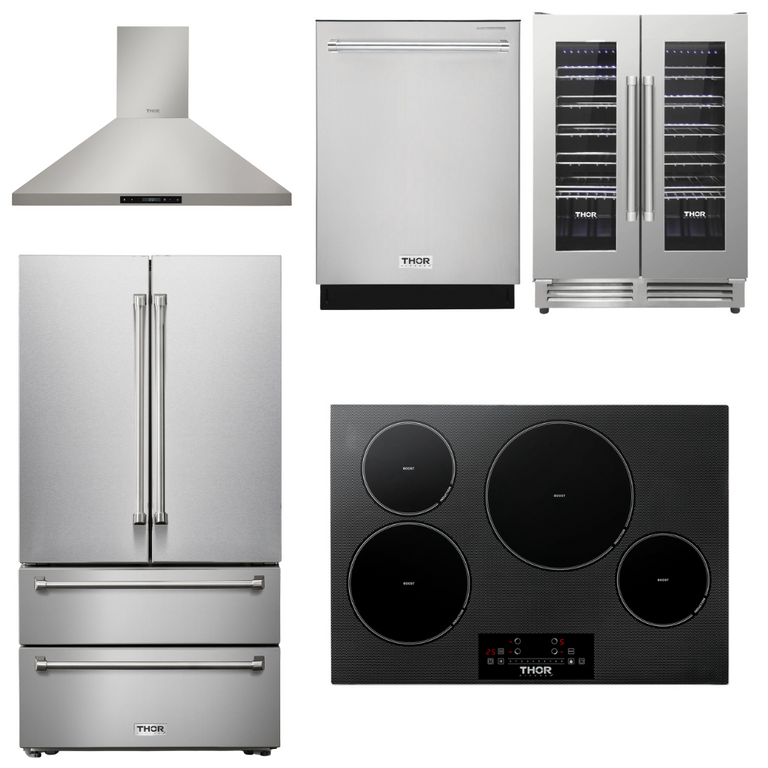 Thor Kitchen Package - 30" Induction Cooktop, Range Hood, Refrigerator, Dishwasher, Wine Cooler, AP-TIH30-4