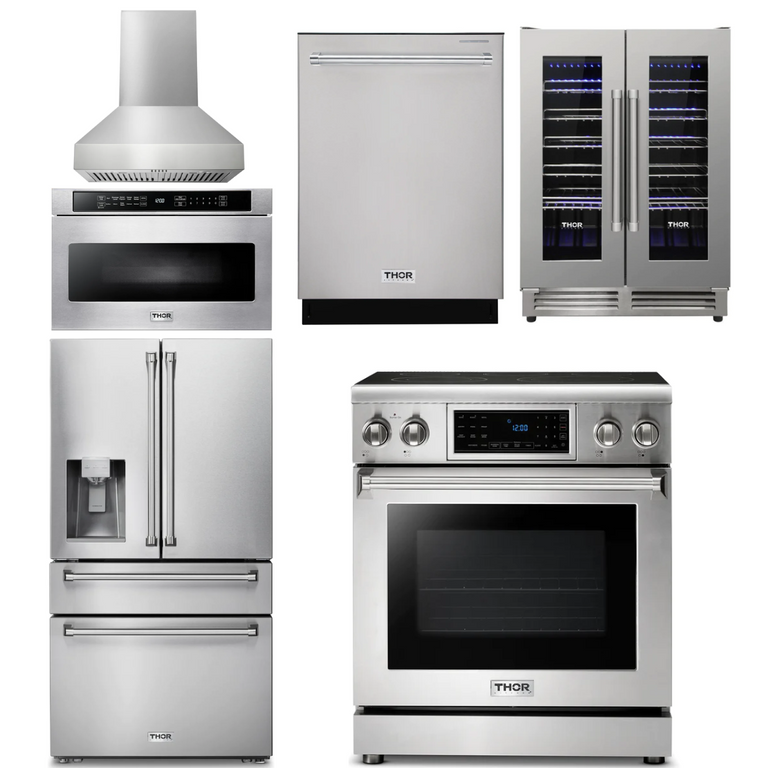 Thor Kitchen Appliance Package - 30 In. Electric Range, Range Hood, Microwave Drawer, Refrigerator with Water and Ice Dispenser, Dishwasher, Wine Cooler, AP-TRE3001-W-10
