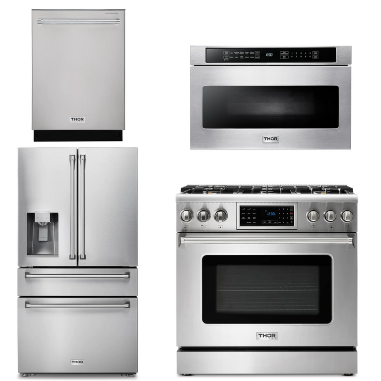 Thor Kitchen Appliance Package - 36 In. Gas Range, Microwave Drawer, Refrigerator with Water and Ice Dispenser, Dishwasher, AP-TRG3601-12