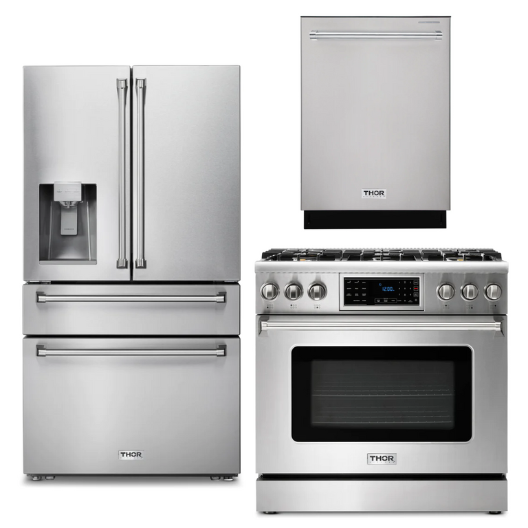 Thor Kitchen Package - 36" Gas Range, Refrigerator with Water and Ice Dispenser, Dishwasher, AP-TRG3601-9