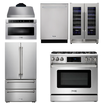 THOR Kitchen Package - 36" Gas Range, Range Hood, Microwave, Refrigerator, Dishwasher, Wine Cooler, AP-TRG3601-C-6
