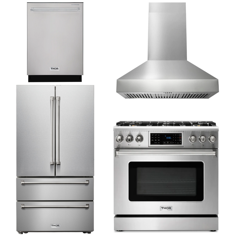 Thor Kitchen Package - 36" Gas Range, Range Hood, Refrigerator, Dishwasher, AP-TRG3601-W-2