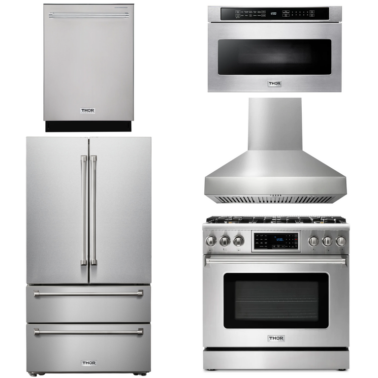 Thor Kitchen Package - 36" Gas Range, Range Hood, Microwave, Refrigerator, Dishwasher, AP-TRG3601-W-5