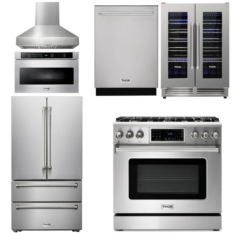 Thor Kitchen Appliance Package - 36 In. Gas Range, Range Hood, Microwave Drawer, Refrigerator, Dishwasher, Wine Cooler, AP-TRG3601-W-6