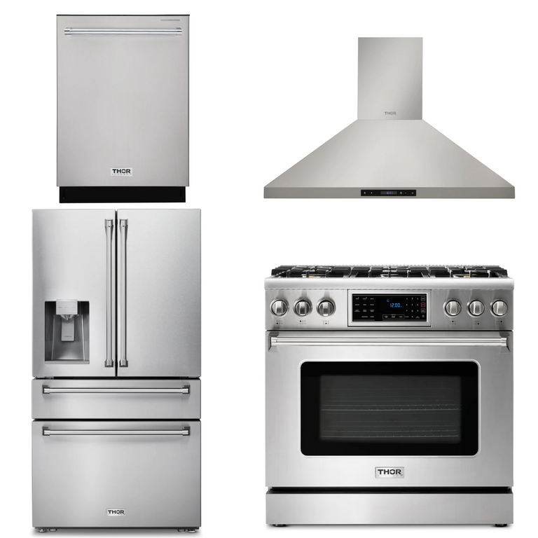 Thor Kitchen Appliance Package - 36 In. Propane Gas Range, Range Hood, Refrigerator with Water and Ice Dispenser, Dishwasher, AP-TRG3601LP-10