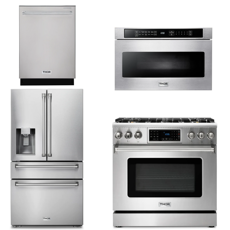 Thor Kitchen Package - 36" Gas Range, Microwave, Refrigerator with Water and Ice Dispenser, Dishwasher, AP-TRG3601LP-12