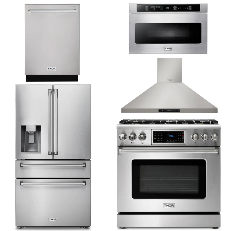 Thor Kitchen Appliance Package - 36 In. Propane Gas Range, Range Hood, Microwave Drawer, Refrigerator with Water and Ice Dispenser, Dishwasher, AP-TRG3601LP-13