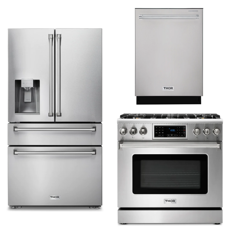 Thor Kitchen Appliance Package - 36 In. Propane Gas Range, Refrigerator with Water and Ice Dispenser, Dishwasher, AP-TRG3601LP-9