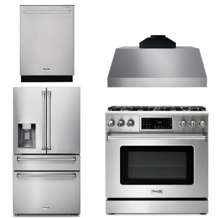 Thor Kitchen Appliance Package - 36 In. Propane Gas Range, Range Hood, Refrigerator with Water and Ice Dispenser, Dishwasher, AP-TRG3601LP-C-7