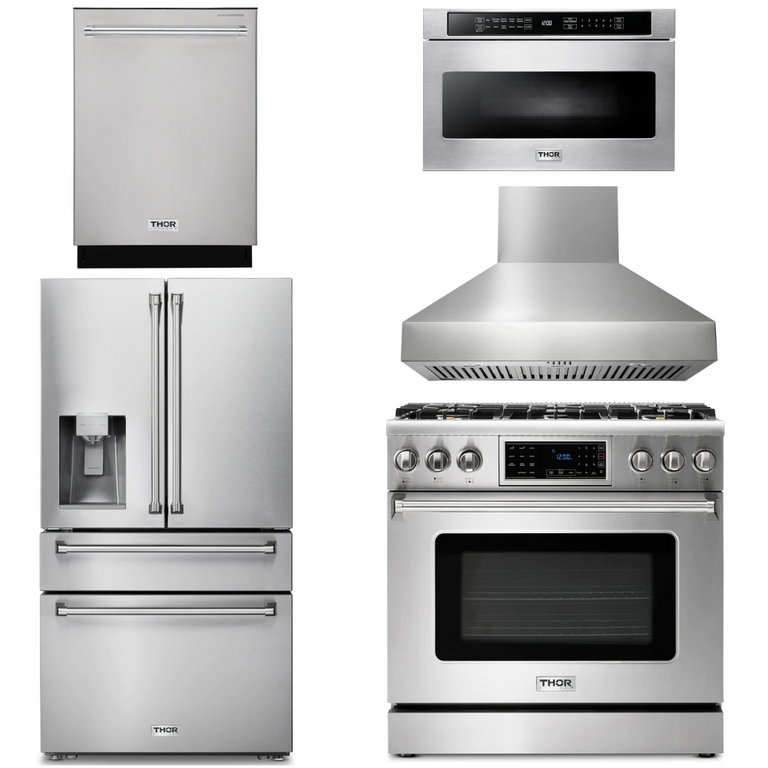 Thor Kitchen Package - 36" Gas Range, Range Hood, Microwave, Refrigerator with Water and Ice Dispenser, Dishwasher, AP-TRG3601LP-W-9