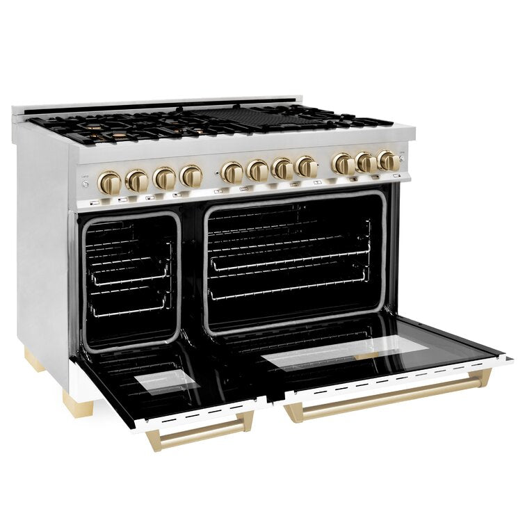 ZLINE Autograph 48 in. Gas Burner/Electric Oven in Stainless Steel, White Matte Door with Gold Accents, RAZ-WM-48-G