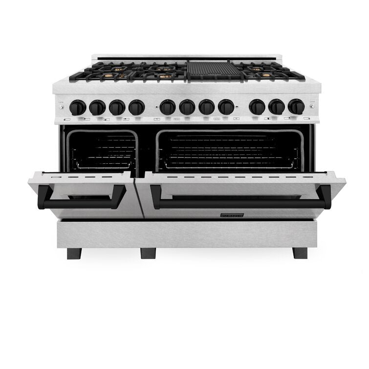 ZLINE Autograph 48 in. Gas Burner/Electric Oven in DuraSnow® Stainless Steel with Matte Black Accents, RASZ-SN-48-MB