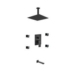 KubeBath Aqua Piazza Matte Black Shower Set with 12" Ceiling Mount Square Rain Shower, Tub Filler and 4 Body Jets, BK-CR3004JTF3V
