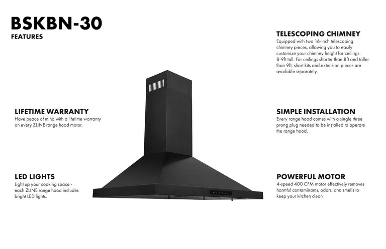 ZLINE 30 in. Convertible Vent Wall Mount Range Hood in Black Stainless Steel, BSKBN-30