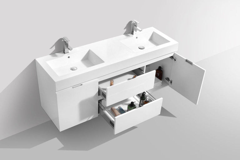 KubeBath Bliss 60 in. Double Sink Wall Mount Modern Bathroom Vanity - High Gloss White, BSL60D-GW
