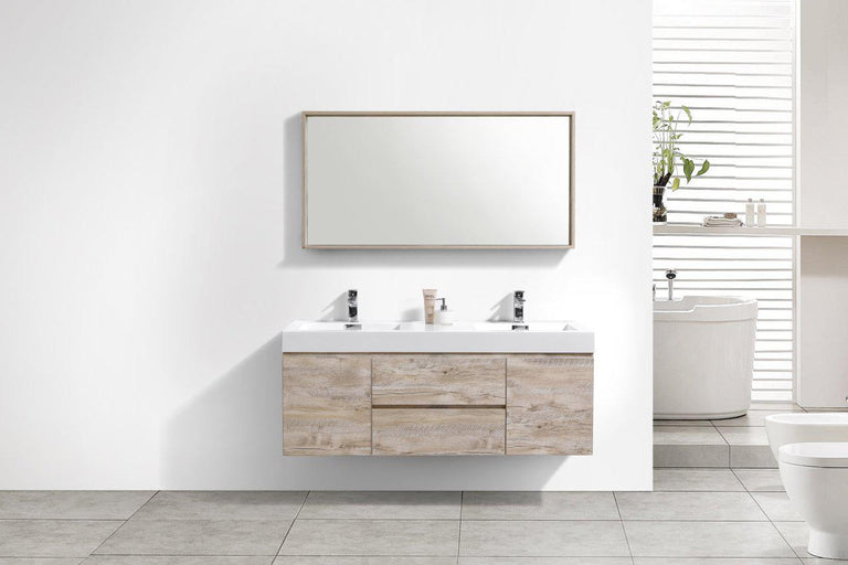 KubeBath Bliss 60 in. Double Sink Wall Mount Modern Bathroom Vanity - Nature Wood, BSL60D-NW