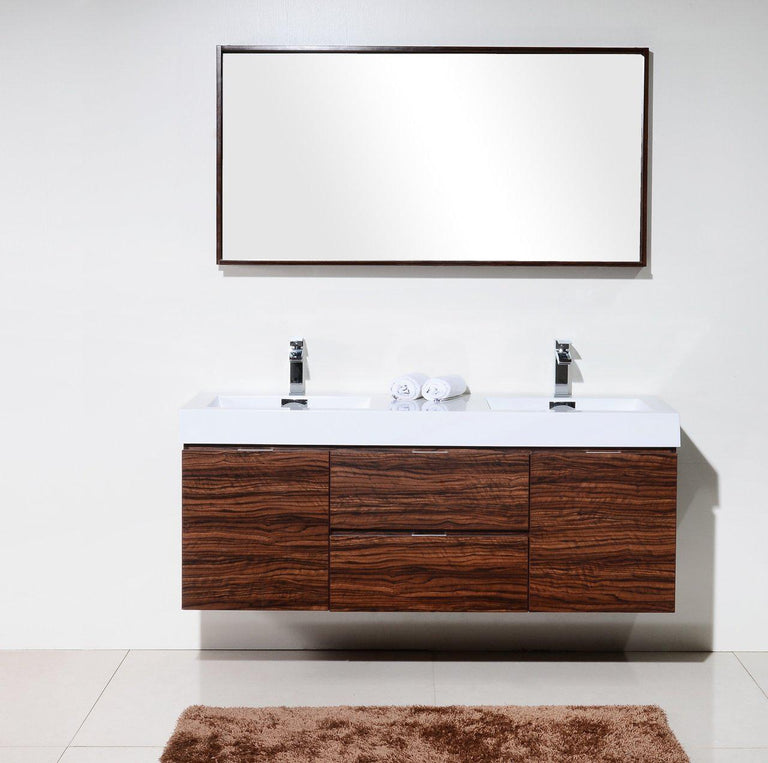 KubeBath Bliss 60 in. Double Sink Wall Mount Modern Bathroom Vanity - Walnut, BSL60D-WNT