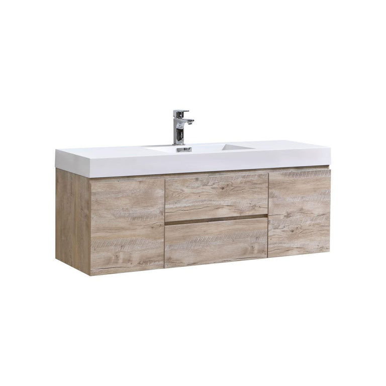 KubeBath Bliss 60 in. Single Sink Wall Mount Modern Bathroom Vanity - Nature Wood, BSL60S-NW