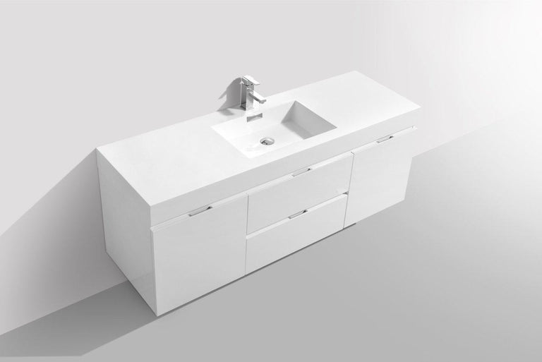 KubeBath Bliss 60 in. Single Sink Wall Mount Modern Bathroom Vanity - High Gloss White, BSL60S-GW