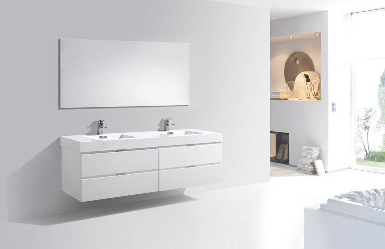KubeBath Bliss 72 in. Double Sink Wall Mount Modern Bathroom Vanity - High Gloss White, BSL72D-GW