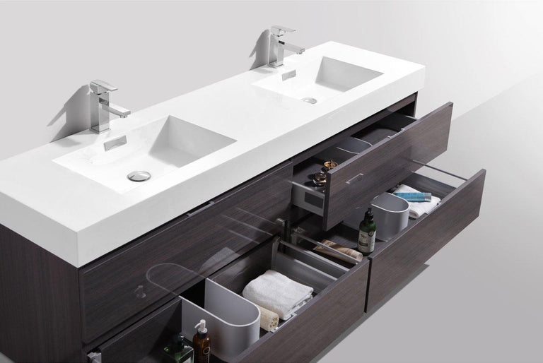 Bliss 72 in. Double Sink Wall Mount Modern Bathroom Vanity - High Gloss Gray Oak
