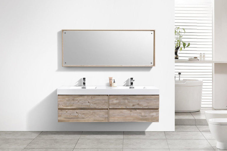 Bliss 72 in. Double Sink Wall Mount Modern Bathroom Vanity - Nature Wood