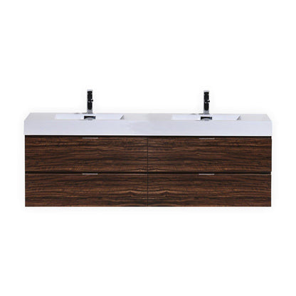 Bliss 72 in. Double Sink Wall Mount Modern Bathroom Vanity - Walnut