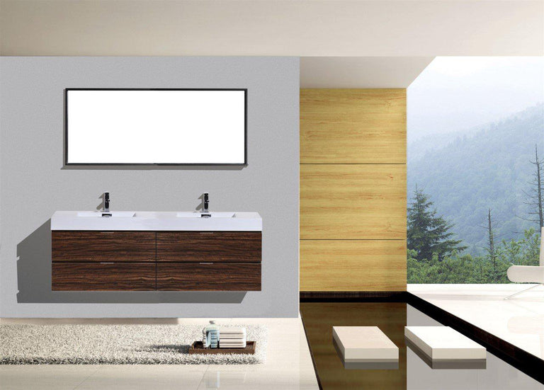 Bliss 80 in. Double Sink Wall Mount Modern Bathroom Vanity - Walnut